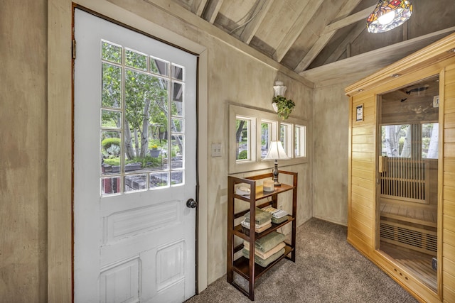 3150 Kings Canyon Rd, Carson City, NV 89703 - entryway with vaulted ceiling, plenty of natural light, carpet floors, and wood walls