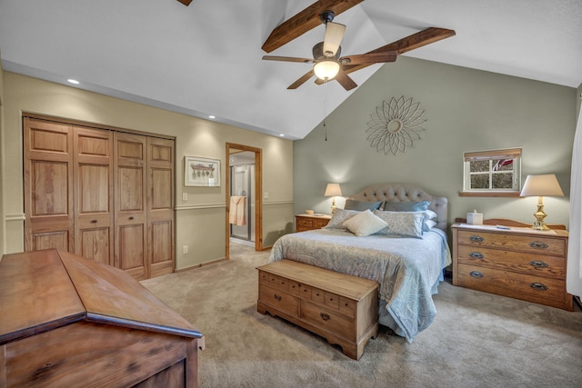3150 Kings Canyon Rd, Carson City, NV 89703 - bedroom with light colored carpet, beam ceiling, high vaulted ceiling, a ceiling fan, and recessed lighting