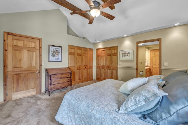 3150 Kings Canyon Rd, Carson City, NV 89703 - carpeted bedroom with two closets, recessed lighting, high vaulted ceiling, ceiling fan, and baseboards