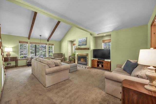 3150 Kings Canyon Rd, Carson City, NV 89703 - living room featuring light carpet, a glass covered fireplace, high vaulted ceiling, and beamed ceiling