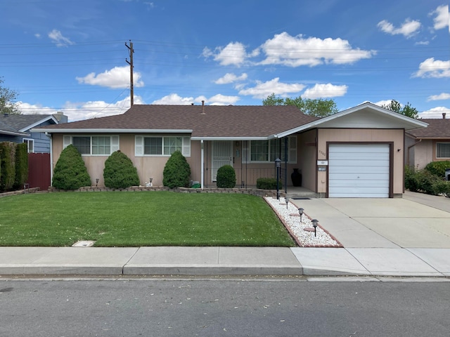 3260 Lucerne Way, Sparks, NV 89431 - ranch-style home featuring a front lawn, concrete driveway, a garage, roof with shingles, and stucco siding