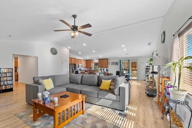 1390 Tule Peak Cir, Carson City, NV 89701 - living area with vaulted ceiling, ceiling fan, light wood-style floors, recessed lighting, and baseboards