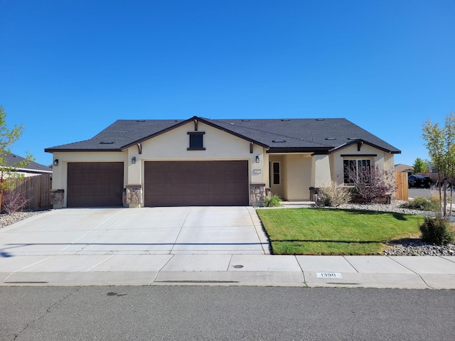 1390 Tule Peak Cir, Carson City, NV 89701 - ranch-style home with stucco siding, an attached garage, concrete driveway, stone siding, and a shingled roof