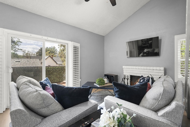 2107 G St, Sparks, NV 89431 - living area featuring wood finished floors, lofted ceiling, a ceiling fan, and a fireplace