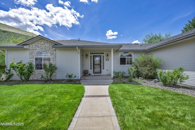 1634 Buzzys Ranch Rd, Carson City, NV 89701 - ranch-style house featuring a front lawn, stone siding, and roof with shingles