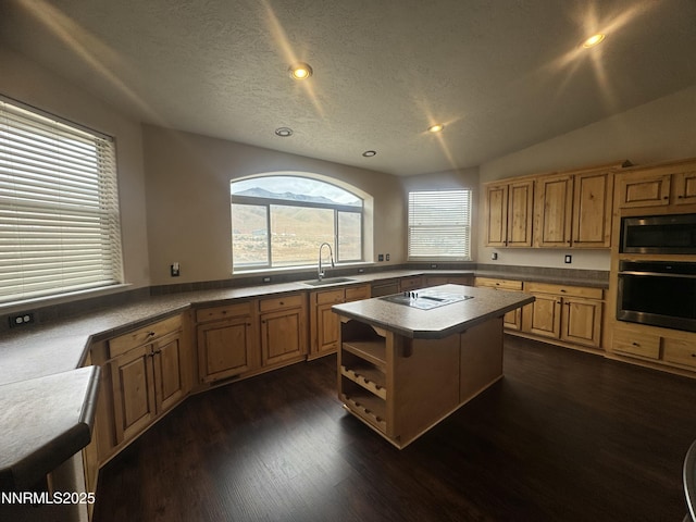 9485 Zaring Ave, Winnemucca, NV 89445 - kitchen featuring stainless steel appliances, a kitchen island, dark wood-type flooring, open shelves, and recessed lighting