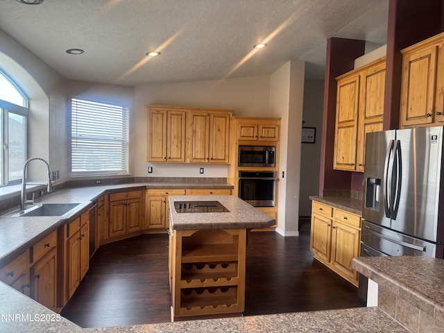 9485 Zaring Ave, Winnemucca, NV 89445 - kitchen featuring stainless steel appliances, dark wood-style flooring, a textured ceiling, vaulted ceiling, and recessed lighting