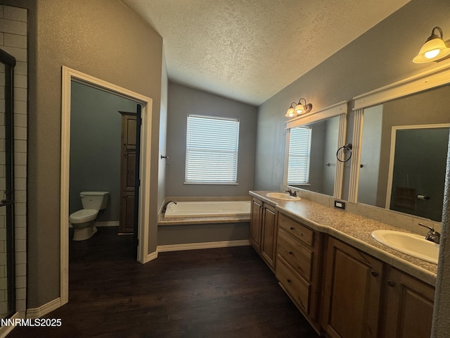 9485 Zaring Ave, Winnemucca, NV 89445 - full bathroom featuring lofted ceiling, wood finished floors, a garden tub, double vanity, and a textured ceiling