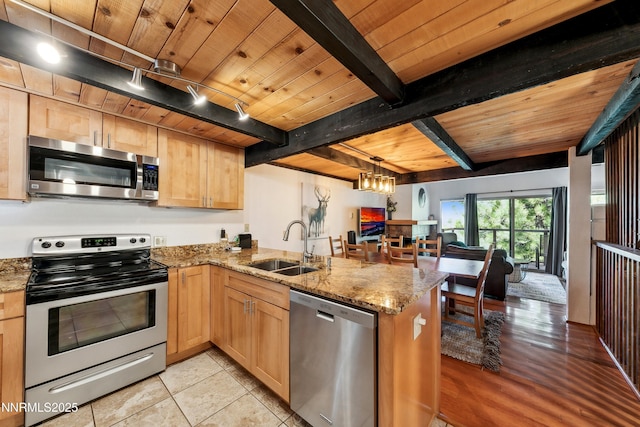 275 Tramway Dr Unit C, Stateline, NV 89449 - kitchen with stainless steel appliances, a sink, wood ceiling with exposed beams, a peninsula, and light brown cabinets