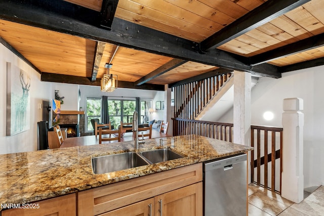 275 Tramway Dr Unit C, Stateline, NV 89449 - kitchen featuring dishwasher, a sink, wood ceiling with exposed beams, open floor plan, and light stone countertops