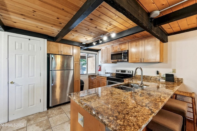 275 Tramway Dr Unit C, Stateline, NV 89449 - kitchen with appliances with stainless steel finishes, wooden ceiling with exposed beams, a sink, a peninsula, and light stone counters