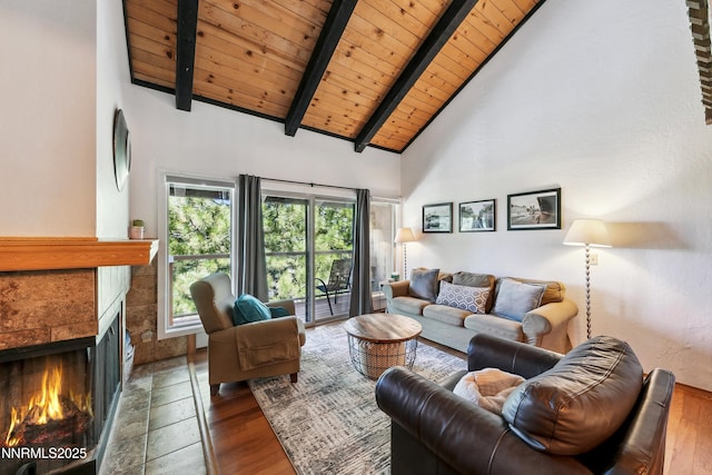 275 Tramway Dr Unit C, Stateline, NV 89449 - living area featuring wooden ceiling with exposed beams, healthy amount of natural light, high vaulted ceiling, a fireplace, and wood finished floors