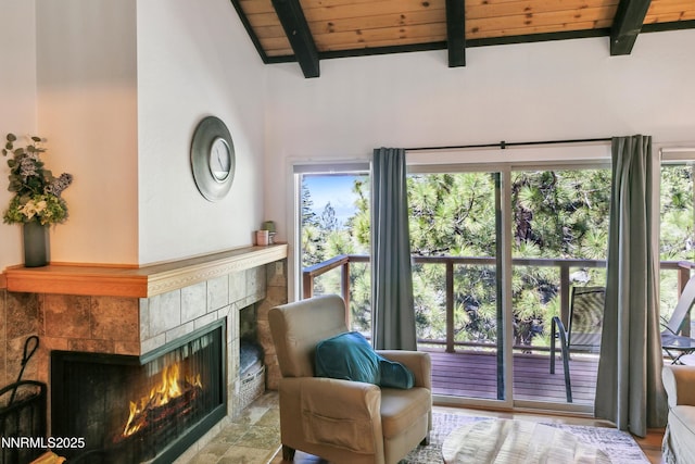 275 Tramway Dr Unit C, Stateline, NV 89449 - sitting room with a tiled fireplace and wooden ceiling