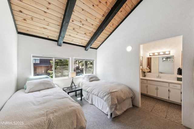 275 Tramway Dr Unit C, Stateline, NV 89449 - bedroom featuring wood ceiling with exposed beams, a sink, ensuite bathroom, and high vaulted ceiling