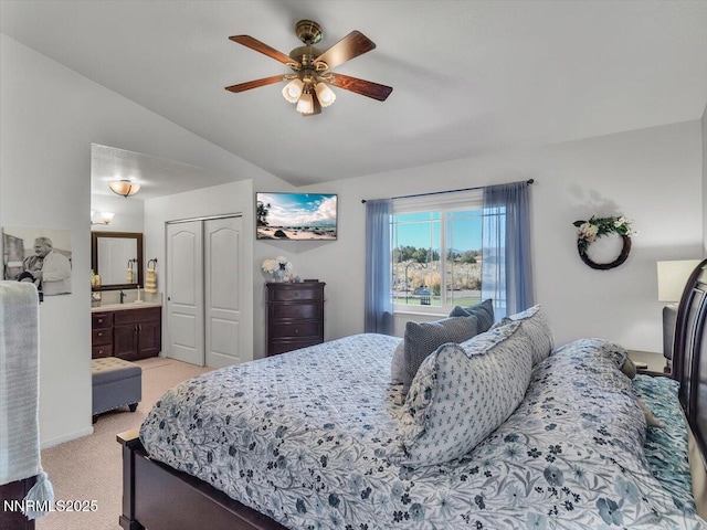 1992 Hackamore Ln, Gardnerville, NV 89410 - bedroom with lofted ceiling, light colored carpet, a closet, a ceiling fan, and a sink