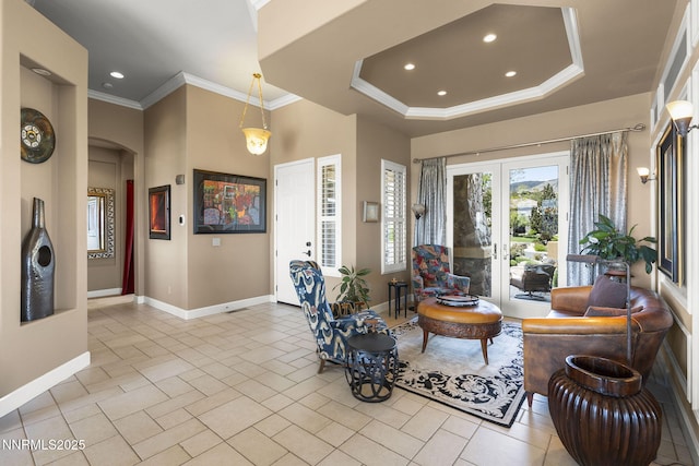 2698 Wind Feather Trl, Reno, NV 89511 - living room featuring arched walkways, baseboards, crown molding, recessed lighting, and light tile patterned floors