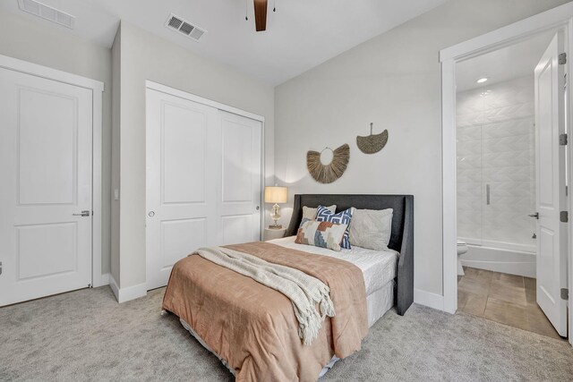 107 Bridlemoor Ct, Reno, NV 89511 - carpeted bedroom featuring a closet, baseboards, ensuite bathroom, a ceiling fan, and recessed lighting