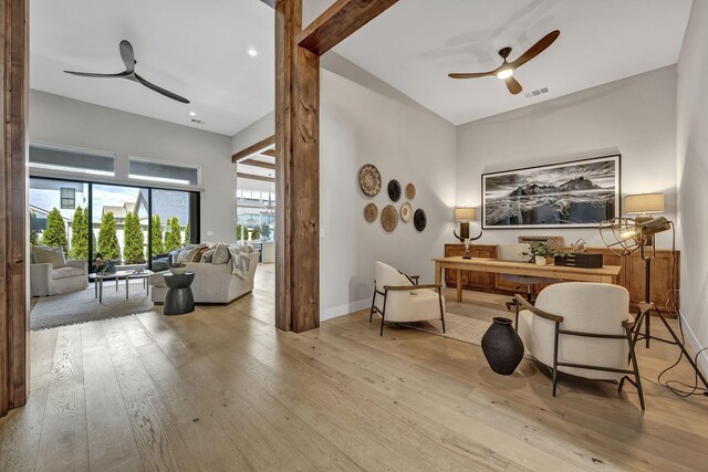107 Bridlemoor Ct, Reno, NV 89511 - living area featuring ceiling fan, hardwood / wood-style floors, a desk, and recessed lighting