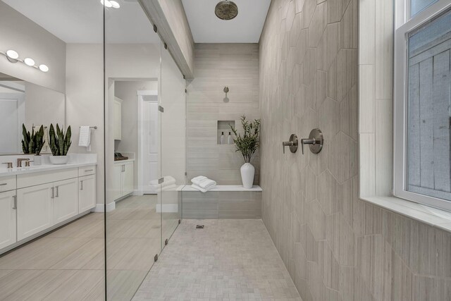 107 Bridlemoor Ct, Reno, NV 89511 - full bathroom with tiled shower, vanity, and tile patterned flooring