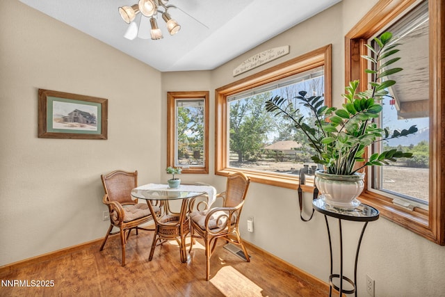1408 N Santa Barbara Dr, Minden, NV 89423 - dining area with baseboards, wood finished floors, a ceiling fan, and lofted ceiling