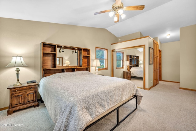 1408 N Santa Barbara Dr, Minden, NV 89423 - bedroom with light colored carpet, lofted ceiling, baseboards, a closet, and ceiling fan