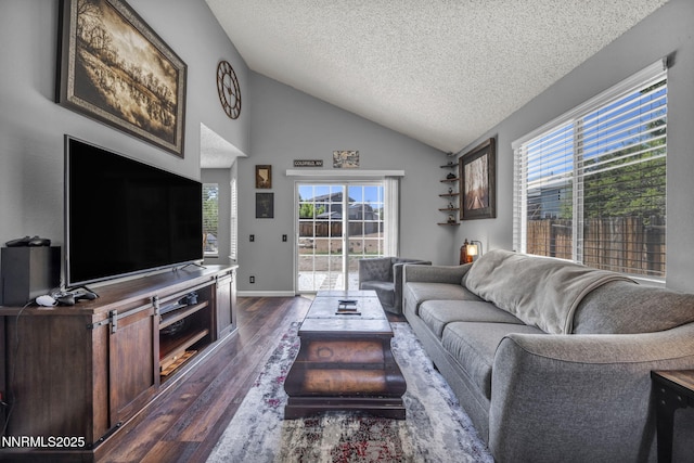 45 Stormy Ct, Sparks, NV 89436 - living room featuring a textured ceiling, dark wood-style flooring, and high vaulted ceiling