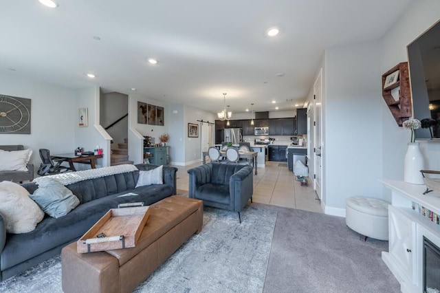 1855 Dark Horse Rd Unit B, Reno, NV 89521 - living area featuring stairs, recessed lighting, light colored carpet, a chandelier, and baseboards