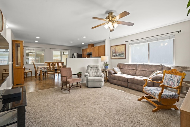 7921 Mariner Cove Dr, Reno, NV 89506 - living room featuring ceiling fan, recessed lighting, and carpet flooring
