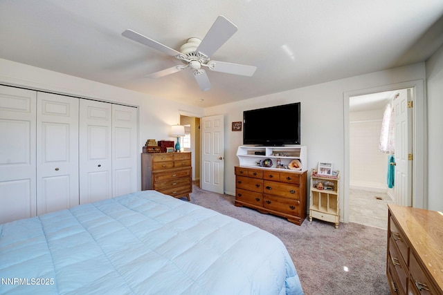 636 Aja Pl, Dayton, NV 89403 - bedroom featuring light carpet, a closet, a ceiling fan, baseboards, and connected bathroom