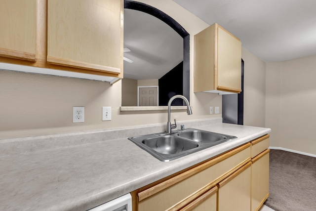 6850 Sharlands Ave Unit H2044, Reno, NV 89523 - kitchen featuring light brown cabinets, a sink, light countertops, and carpet flooring