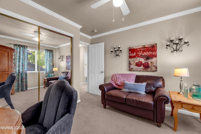 1635 Black Oak Rd, Sparks, NV 89436 - living room with a ceiling fan, light carpet, crown molding, and baseboards