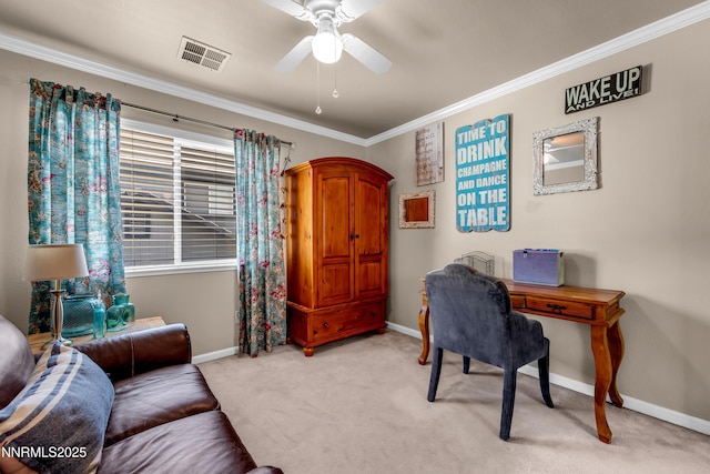 1635 Black Oak Rd, Sparks, NV 89436 - home office featuring crown molding, ceiling fan, light carpet, and baseboards