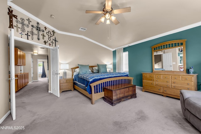 1635 Black Oak Rd, Sparks, NV 89436 - carpeted bedroom featuring crown molding, lofted ceiling, baseboards, and ceiling fan
