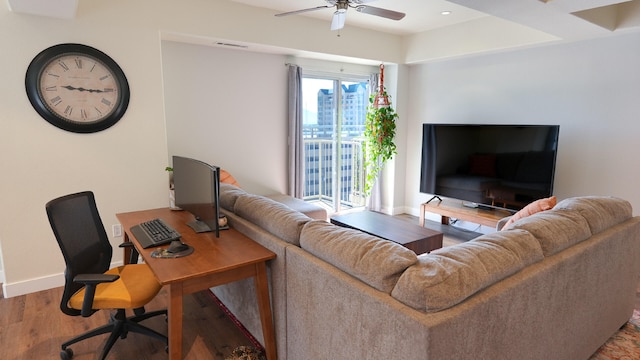 200 W 2nd St Apt 707, Reno, NV 89501 - living room with ceiling fan, wood finished floors, a desk, and baseboards