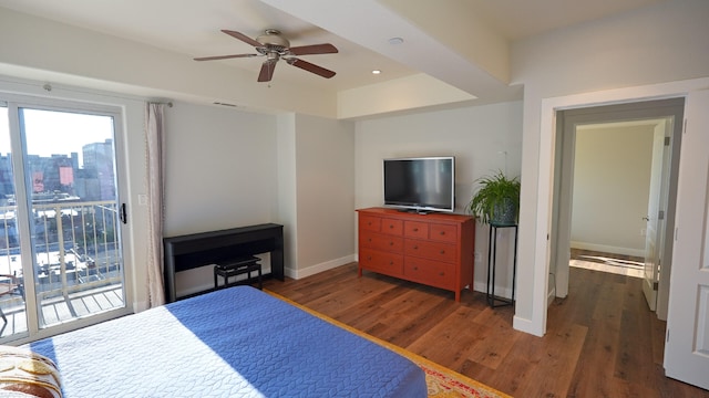 200 W 2nd St Apt 707, Reno, NV 89501 - bedroom featuring access to exterior, wood finished floors, baseboards, recessed lighting, and ceiling fan