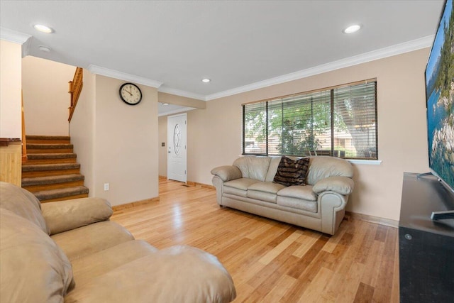 410 Pheasant Dr, Fallon, NV 89406 - living area with baseboards, light wood-style flooring, stairway, ornamental molding, and recessed lighting