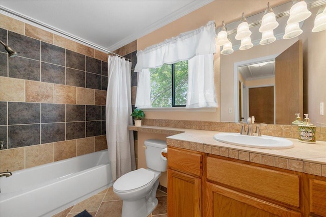 410 Pheasant Dr, Fallon, NV 89406 - bathroom featuring ornamental molding, toilet, shower / bath combination with curtain, vanity, and tile patterned flooring