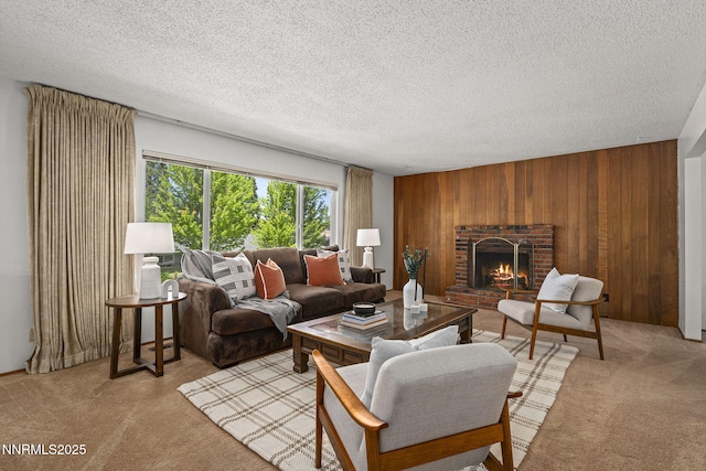 2770 Solari Dr, Reno, NV 89509 - living room with carpet flooring, wood walls, a fireplace, and a textured ceiling