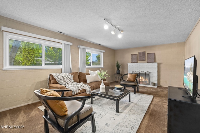 2770 Solari Dr, Reno, NV 89509 - carpeted living room with a textured ceiling, a brick fireplace, and concrete block wall
