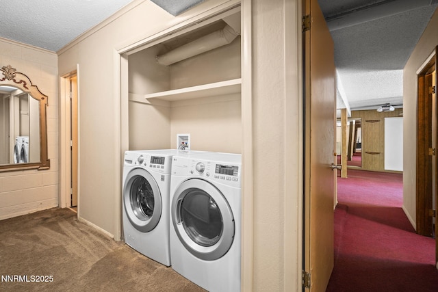 2770 Solari Dr, Reno, NV 89509 - laundry room with a textured ceiling, carpet floors, washer and dryer, and crown molding