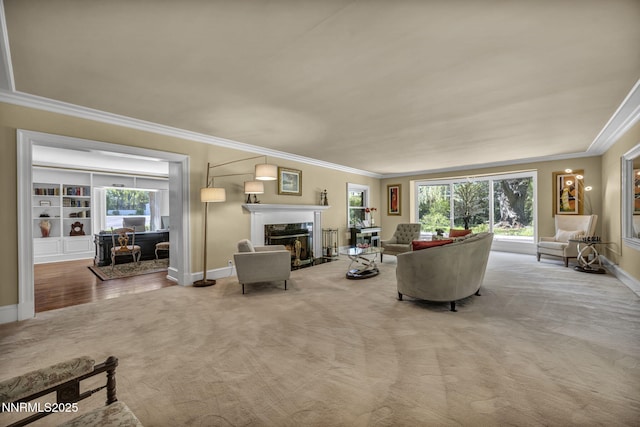125 Greenridge Dr, Reno, NV 89509 - living area featuring crown molding, a premium fireplace, baseboards, carpet, and plenty of natural light