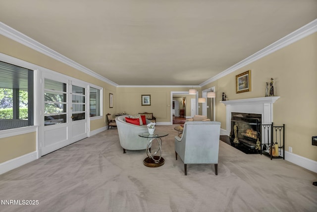 125 Greenridge Dr, Reno, NV 89509 - living area featuring french doors, ornamental molding, a fireplace, carpet floors, and baseboards