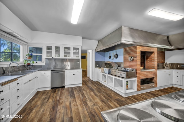 125 Greenridge Dr, Reno, NV 89509 - kitchen featuring stainless steel counters, dishwasher, a sink, white cabinets, and dark wood-style floors