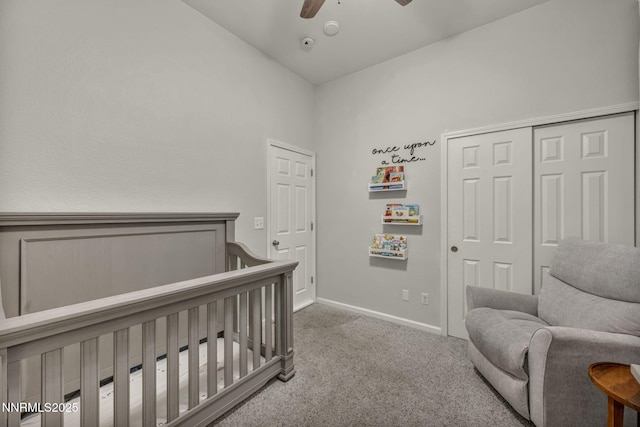 7442 Celeste Dr, Reno, NV 89511 - carpeted bedroom featuring a closet, baseboards, a ceiling fan, and lofted ceiling