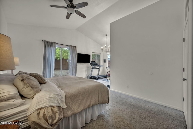 7442 Celeste Dr, Reno, NV 89511 - carpeted bedroom featuring a chandelier, lofted ceiling, access to exterior, baseboards, and a ceiling fan