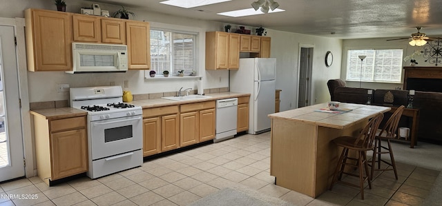 155 James Ct, Kingston, NV 89310 - kitchen with white appliances, tile counters, a skylight, and a sink
