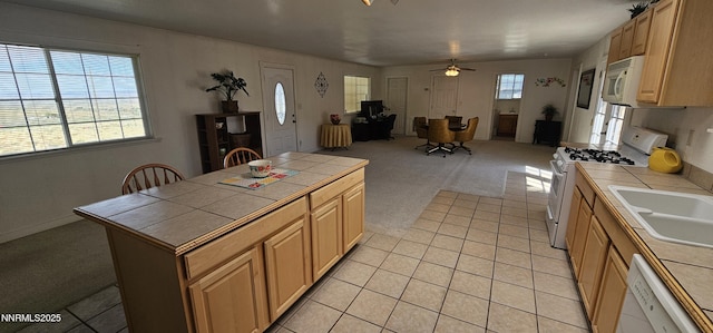 155 James Ct, Kingston, NV 89310 - kitchen with tile counters, white appliances, ceiling fan, and light colored carpet