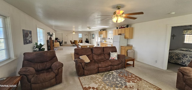 155 James Ct, Kingston, NV 89310 - living room with light carpet, ceiling fan, plenty of natural light, and baseboards