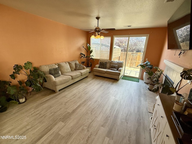 1224 Mountain Rose Dr, Fernley, NV 89408 - living room with light wood-style floors, ceiling fan, and a textured ceiling