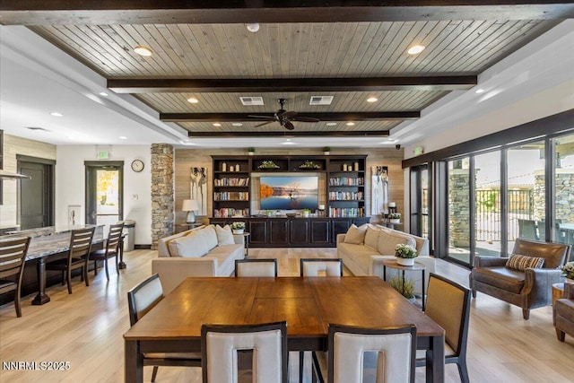 2675 Weymoor Ct, Reno, NV 89521 - dining room with light wood-style floors, ceiling fan, recessed lighting, and wooden ceiling with exposed beams